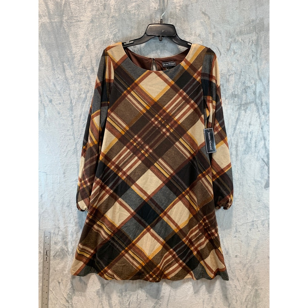 Jessica Howard Brown Plaid Long Sleeve Shift Dress Womens Large JH3M5156 New